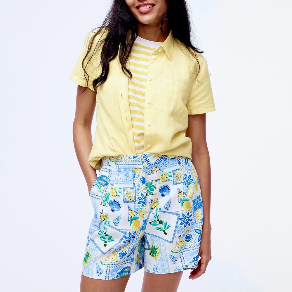 J. Crew Short Linen Blend Printed Pleated Elastic-Back Slant Pockets Lightweight